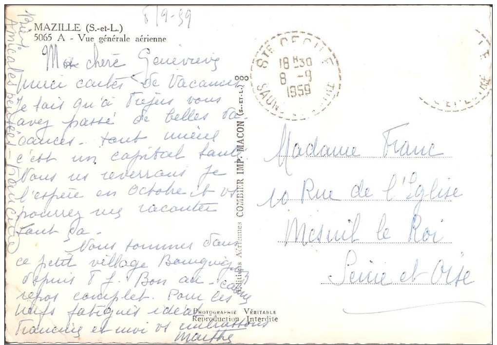 MAZILLE (71) Vue Générale Aérienne En 1959  CPSM  GF - Autres & Non Classés