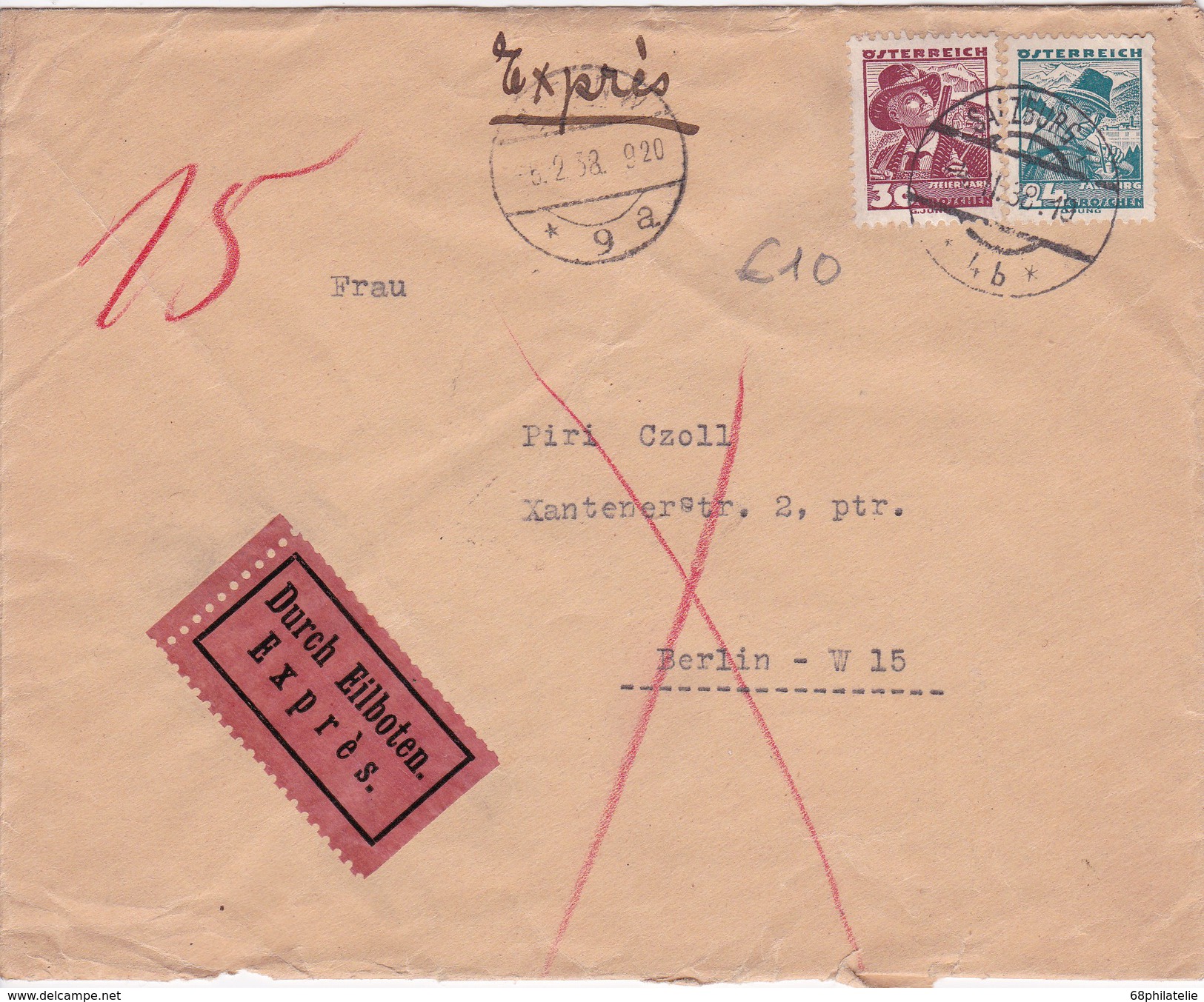 AUTRICHE 1938 LETTRE EXPRESS DE SALZBURG - Briefe U. Dokumente