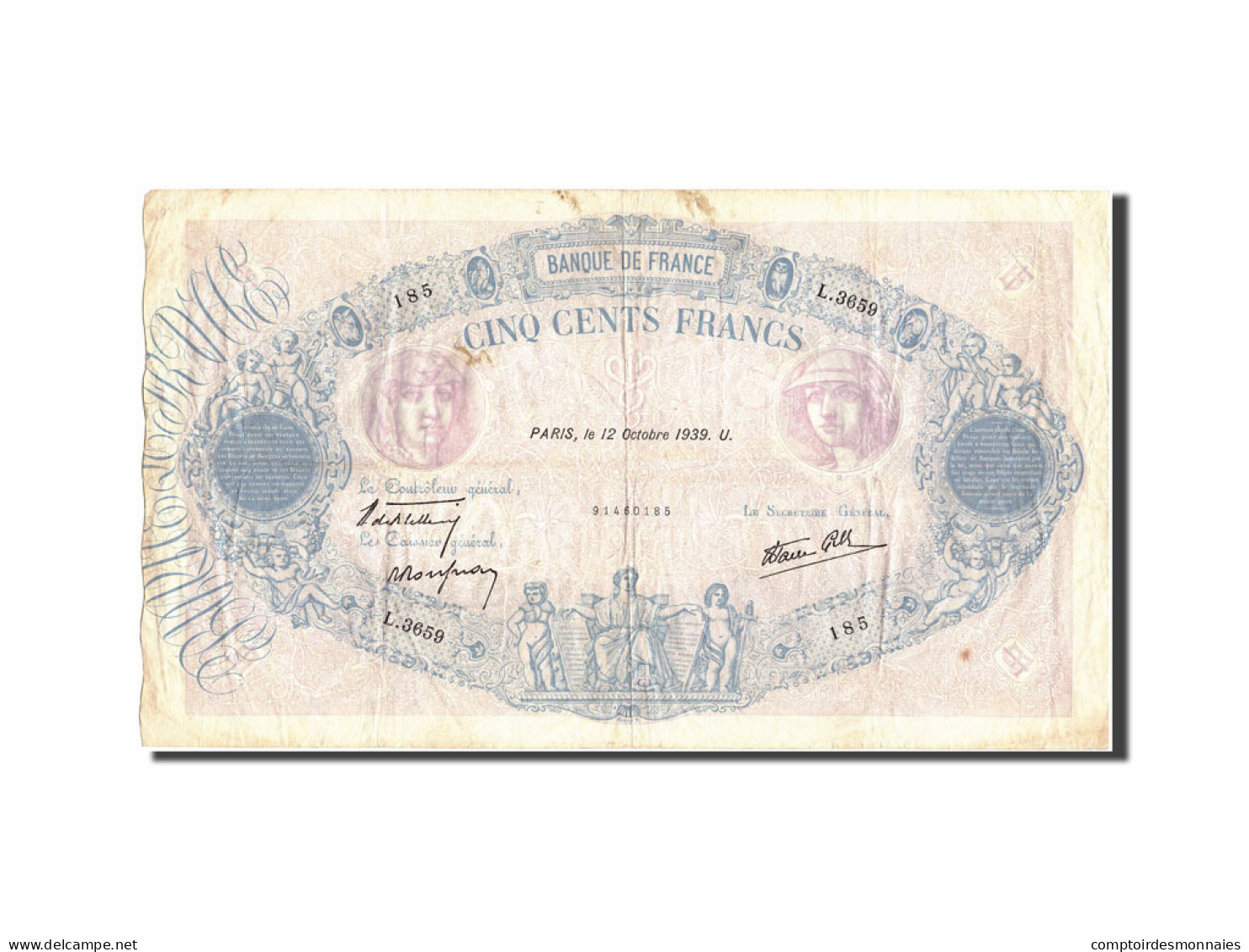 Billet, France, 500 Francs, 500 F 1888-1940 ''Bleu Et Rose'', 1939, 1939-10-12 - 500 F 1888-1940 ''Bleu Et Rose''