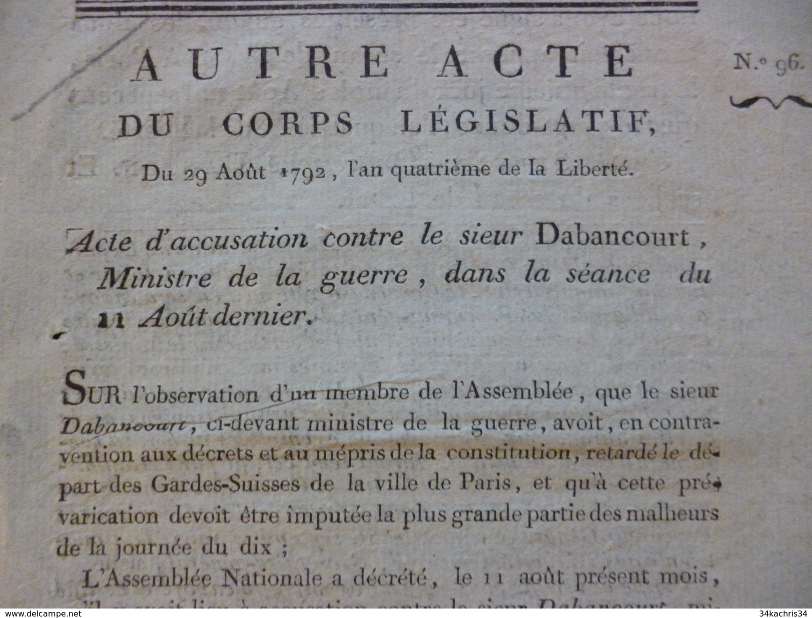 Acte  Révolution 29/08/1792 Acte D'accusation Contre Le Sieur Dabancourt Lodève Militaire - Décrets & Lois