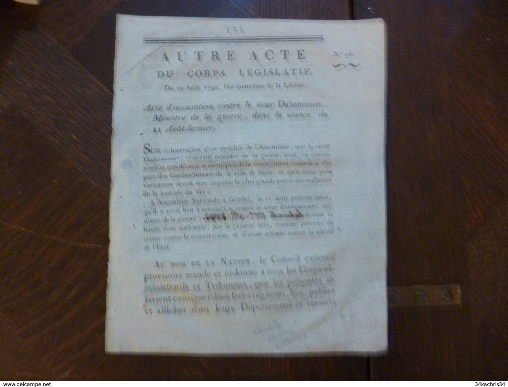 Acte  Révolution 29/08/1792 Acte D'accusation Contre Le Sieur Dabancourt Lodève Militaire - Gesetze & Erlasse