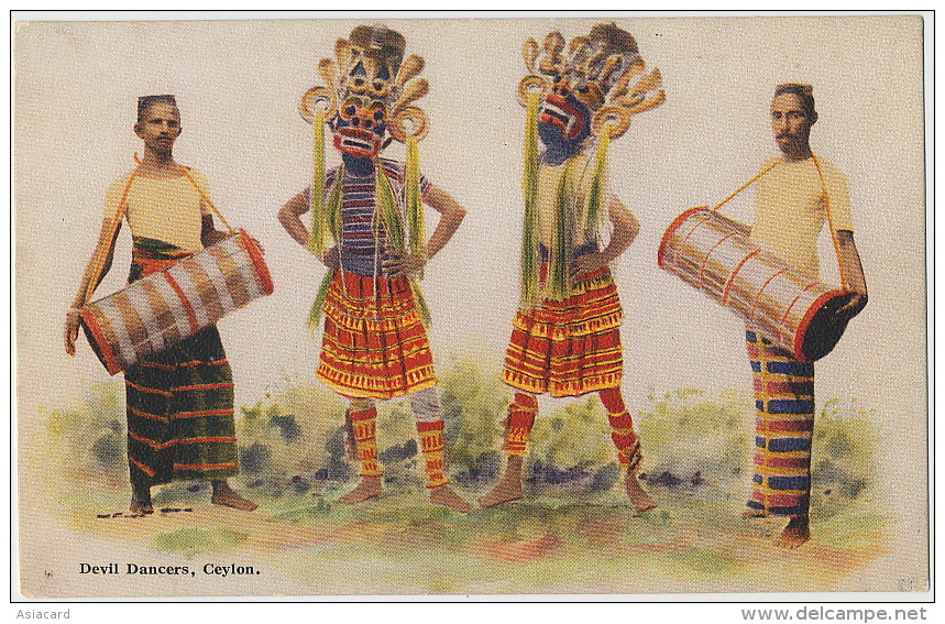 Devil Dancers , Ceylon Platé's " Art " Post Card  Band With Masked Dancers - Sri Lanka (Ceylon)