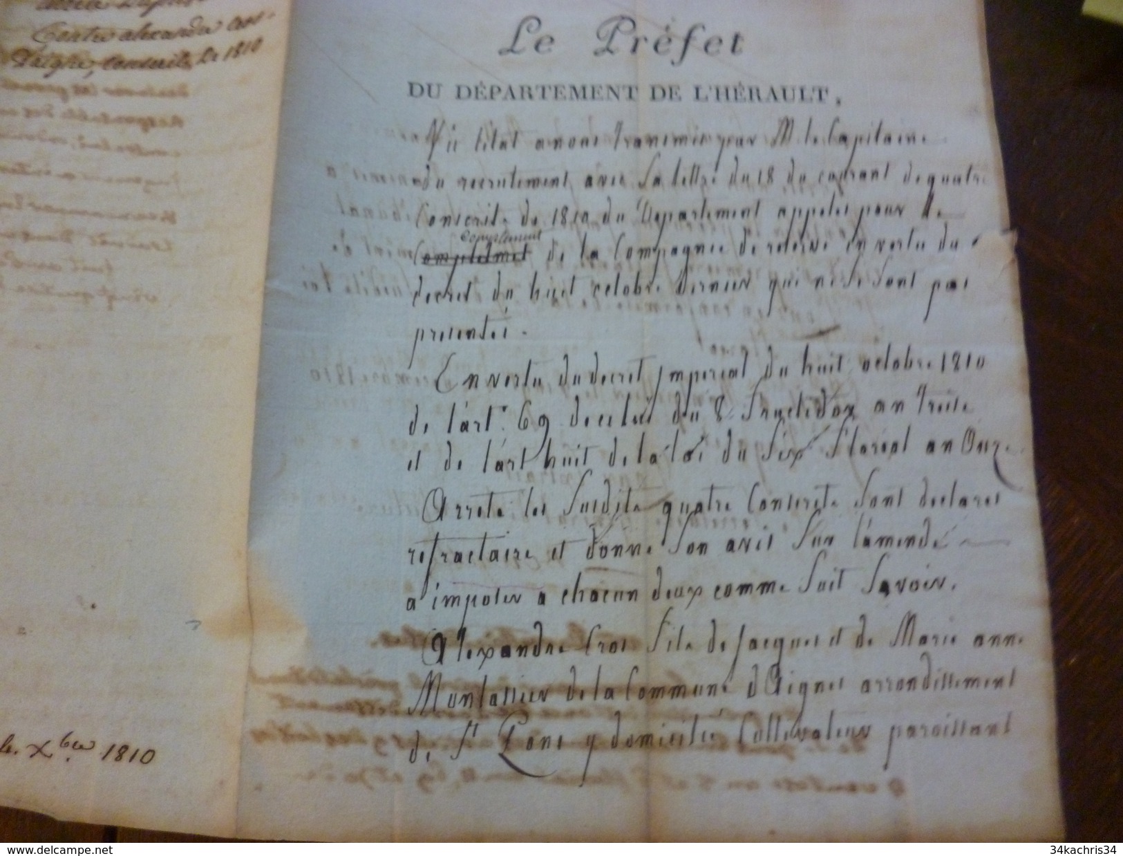 Extrait Préfet De L'hérault Condamnation D'A. Cros D'Agnes Conscrit Réfractaire Arrondissement De Saint Pons - Historische Documenten