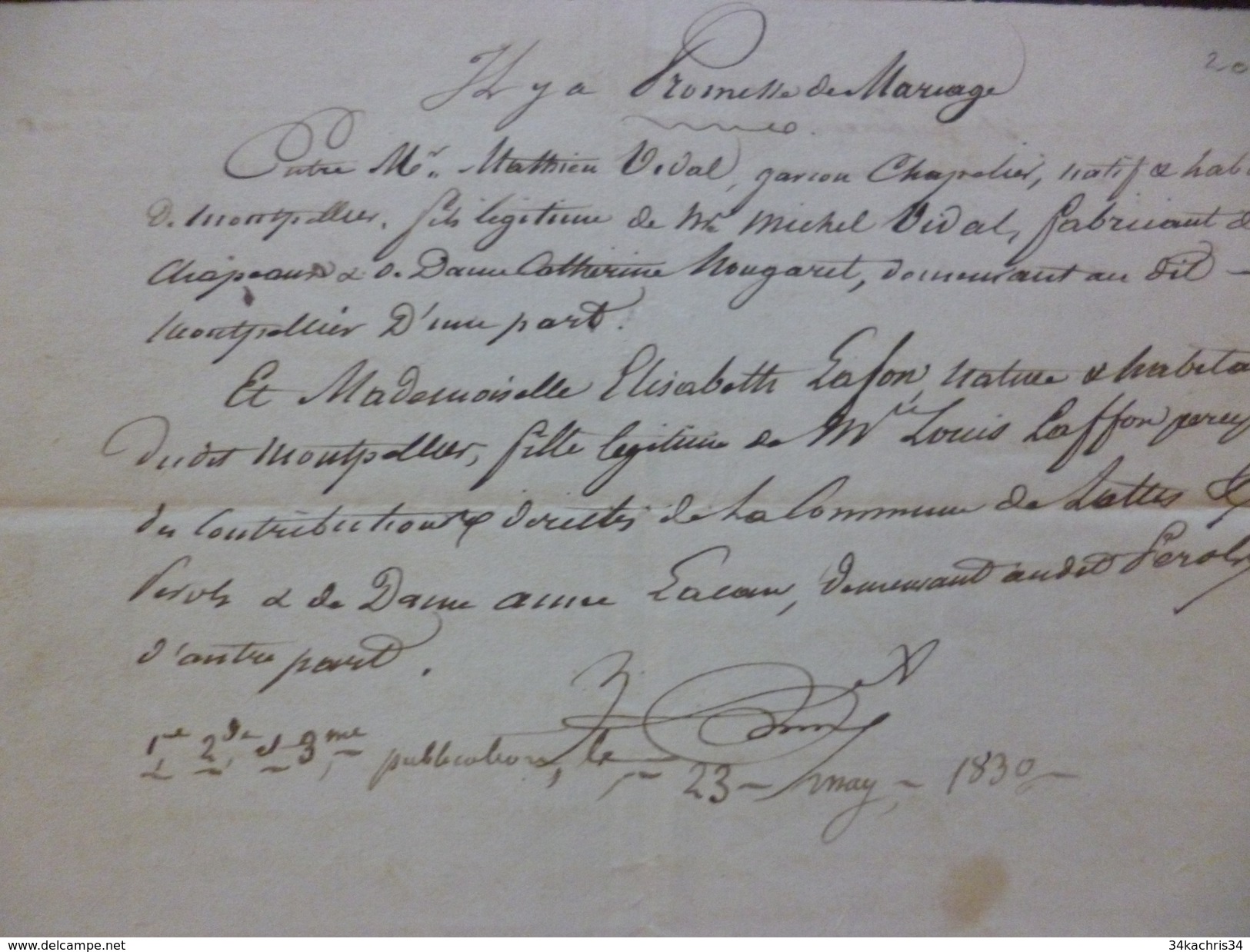 Promesse De Mariage  Montpellier Vidal/Nougaret/Lafon 23/05/1830 Vidal Chapelier - Manuscrits