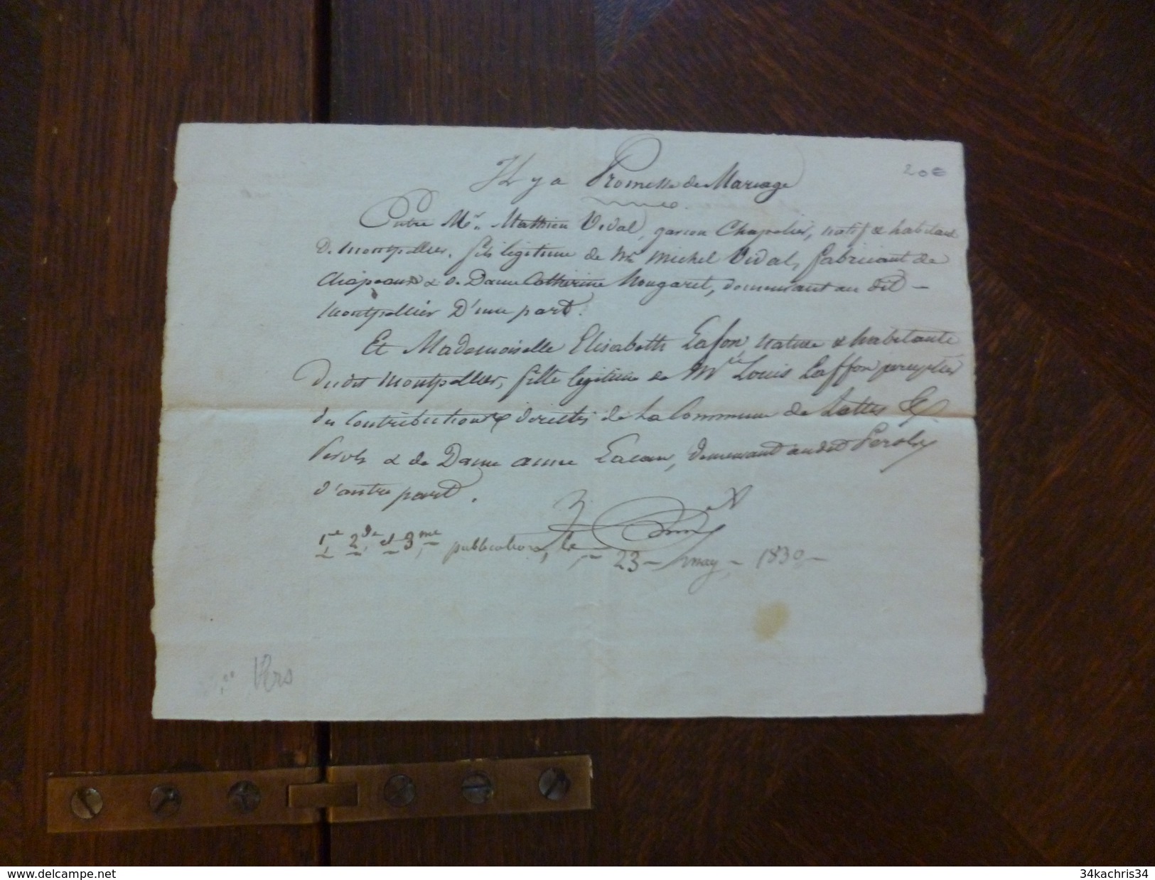 Promesse De Mariage  Montpellier Vidal/Nougaret/Lafon 23/05/1830 Vidal Chapelier - Manuscripts