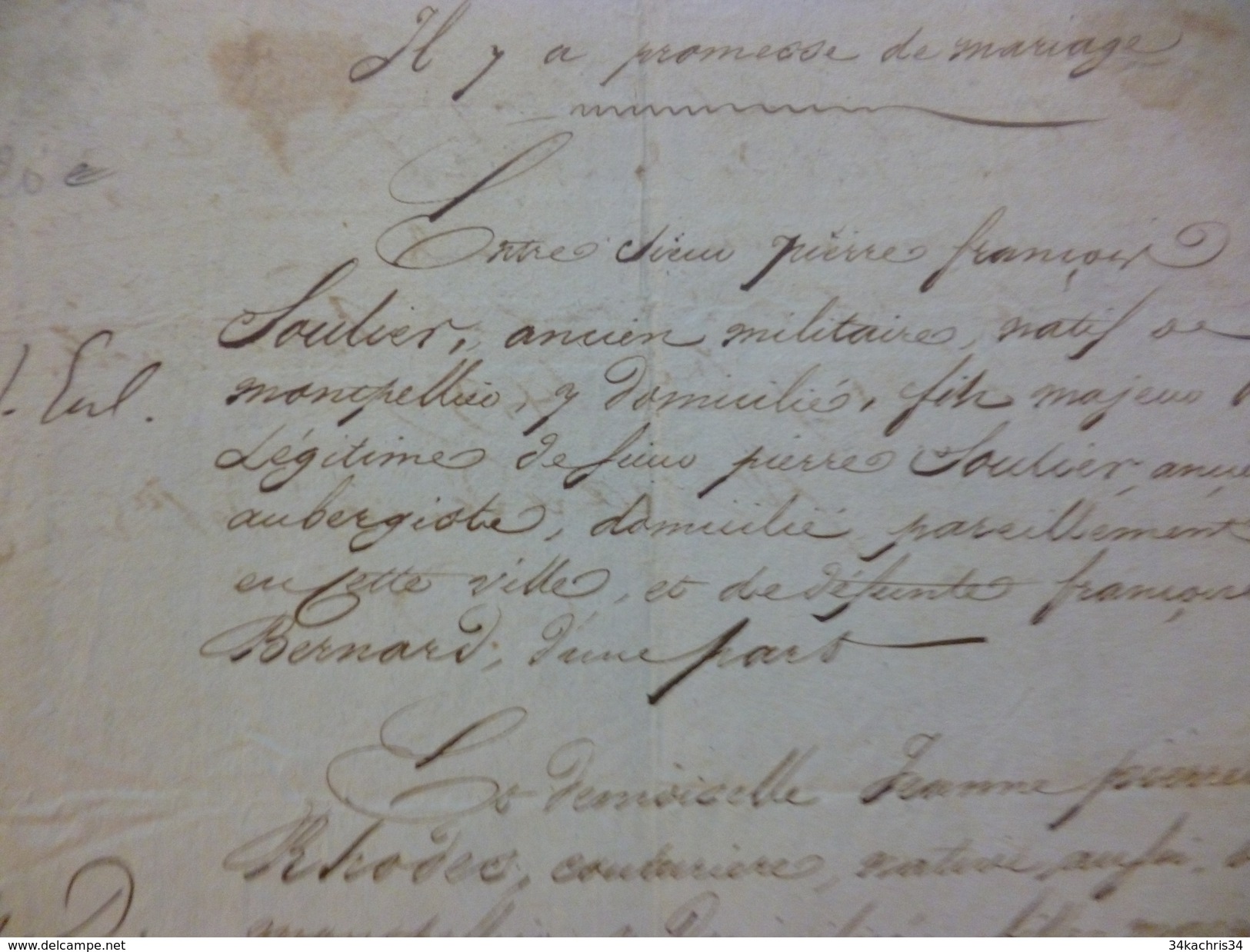 Promesse De Mariage  Montpellier Soulier/Rhodes 21/09/1835 - Manoscritti