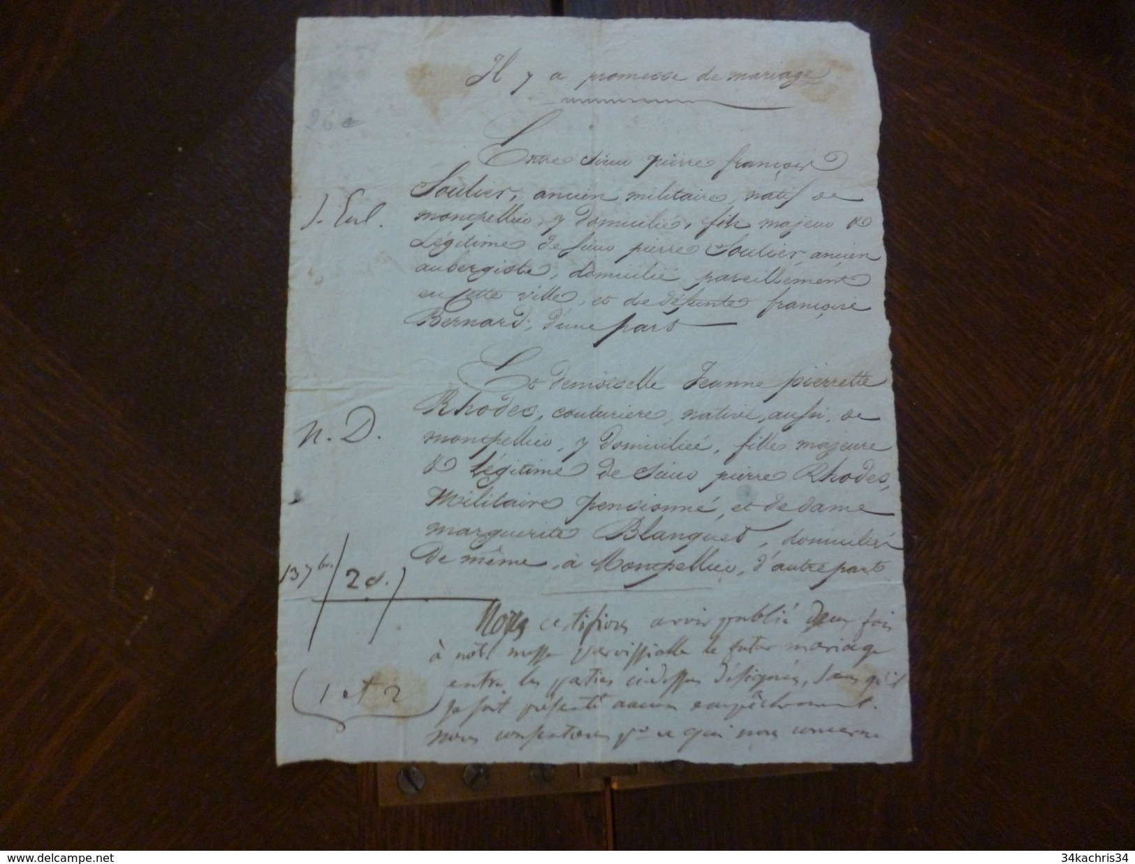 Promesse De Mariage  Montpellier Soulier/Rhodes 21/09/1835 - Manuscripts