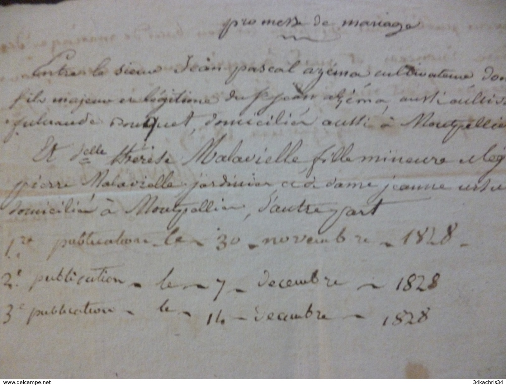 Promesse De Mariage  Montpellier Azema Cultivateur Et Malavielle  1828 - Manuscripten