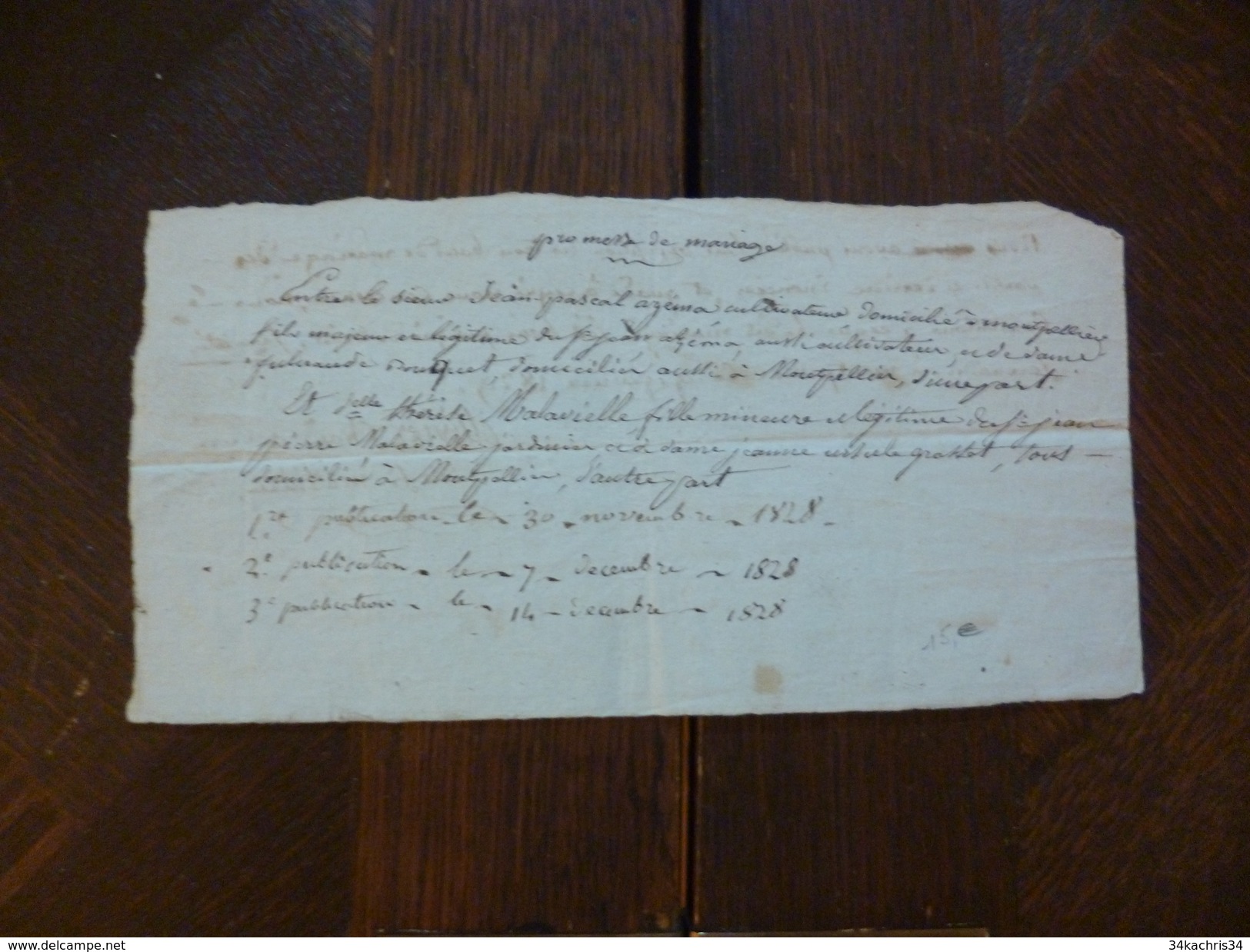 Promesse De Mariage  Montpellier Azema Cultivateur Et Malavielle  1828 - Manuscritos