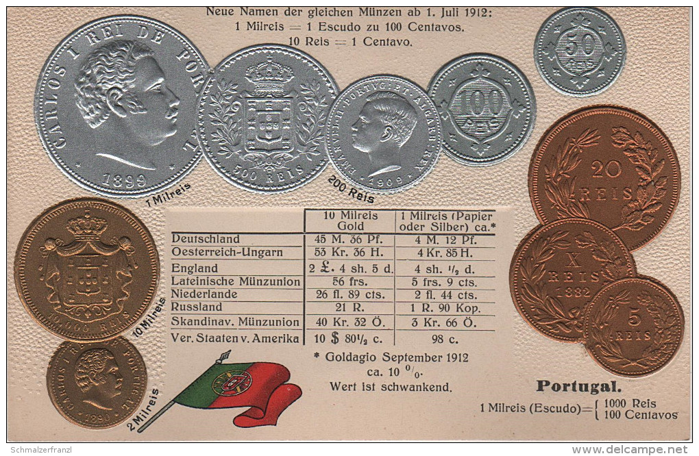 Litho Münzkarte AK Portugal Centavo Centavos Reis Milreis Escudo Escudos 1882 Carlos Nationalflagge Coin Pièce Moneda - Coins (pictures)