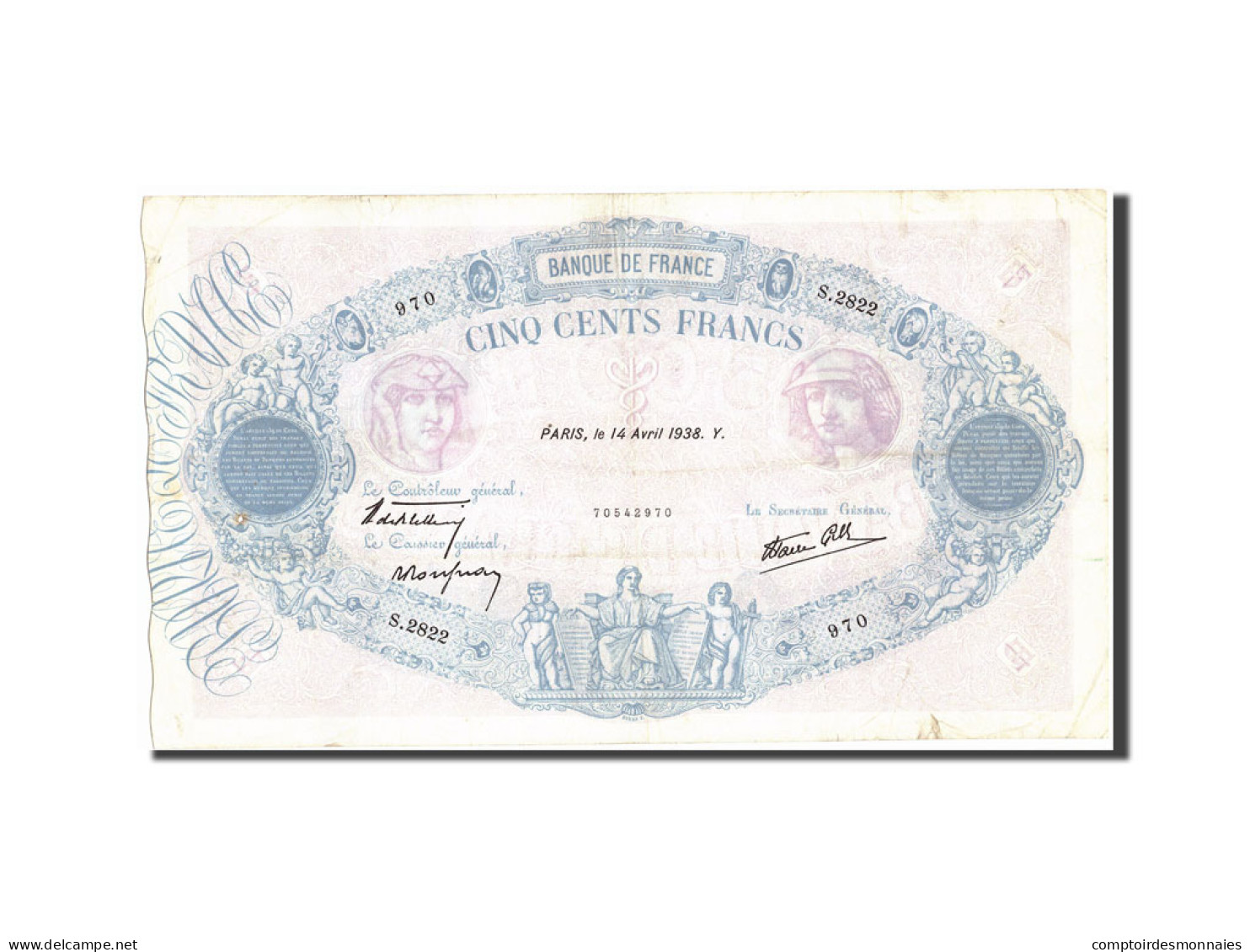 Billet, France, 500 Francs, 500 F 1888-1940 ''Bleu Et Rose'', 1938, 1938-04-14 - 500 F 1888-1940 ''Bleu Et Rose''