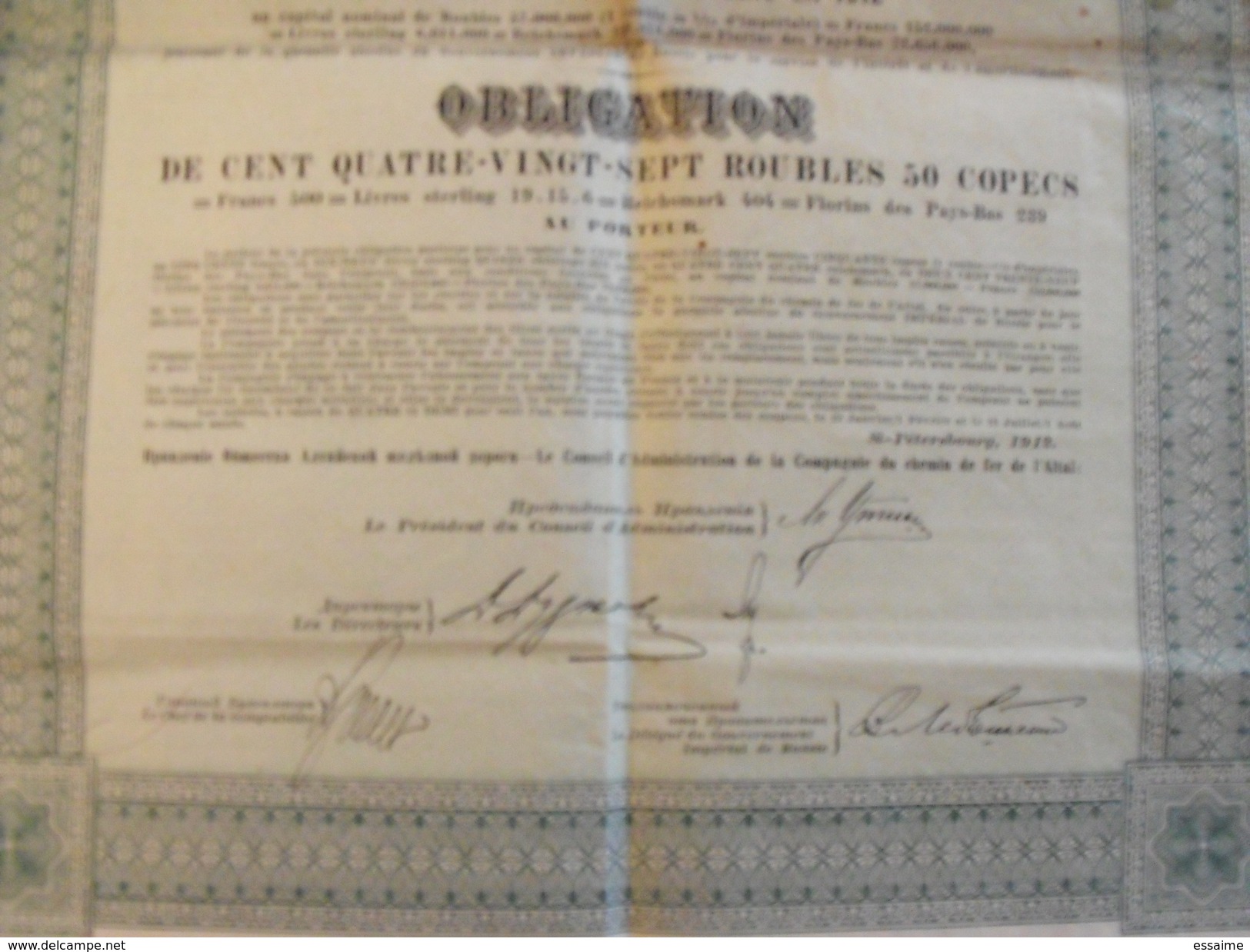 Action Obligation Compagnie Du Chemin De Fer De L'Altaï. 1912. - Railway & Tramway