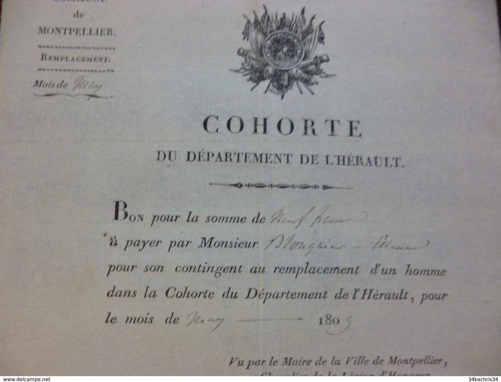 Montpellier 1809 Cohorte Du Département De L'Hérault Montpellier Bon Pour Somme Remplacement D'un Homme - Documenten