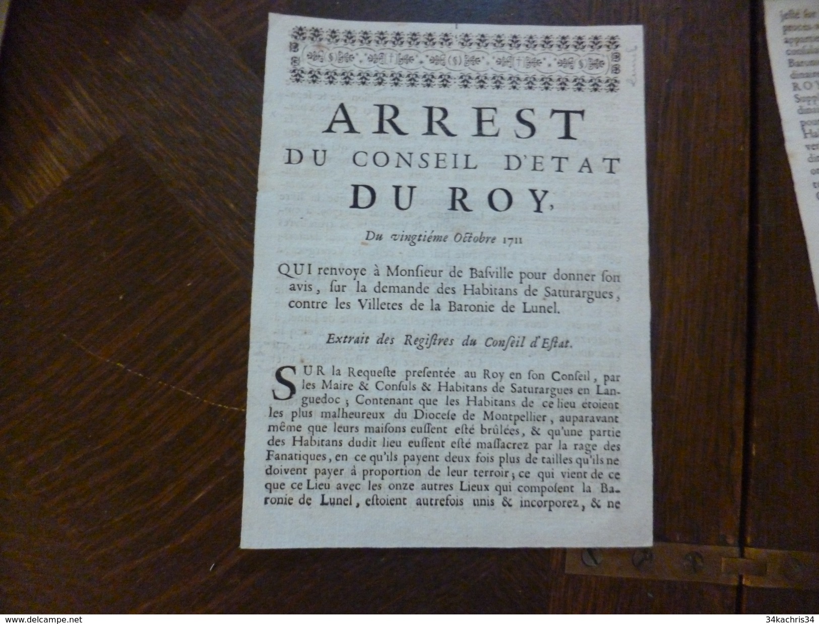 Arrest Du Conseil Du Roi Désolidarisé 20/10/1711 Saturargues Contre Les Villettes De La Baronnie De Lunel - Decreti & Leggi