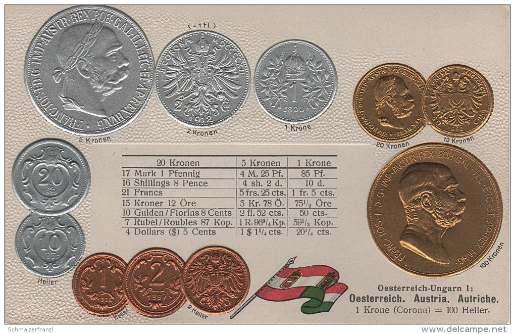 Litho Münzkarte AK Österreich Ungarn I Austria Hungary Autriche Hongrie Heller Kronen Kaiser Nationalflagge Coin Pièce - Monedas (representaciones)