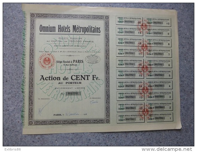 OMNIUM Hôtels METROPOLITAINS,   Lot De 6 Actions De 100 F, Faible Tirage ; Ref ACT M - Other & Unclassified