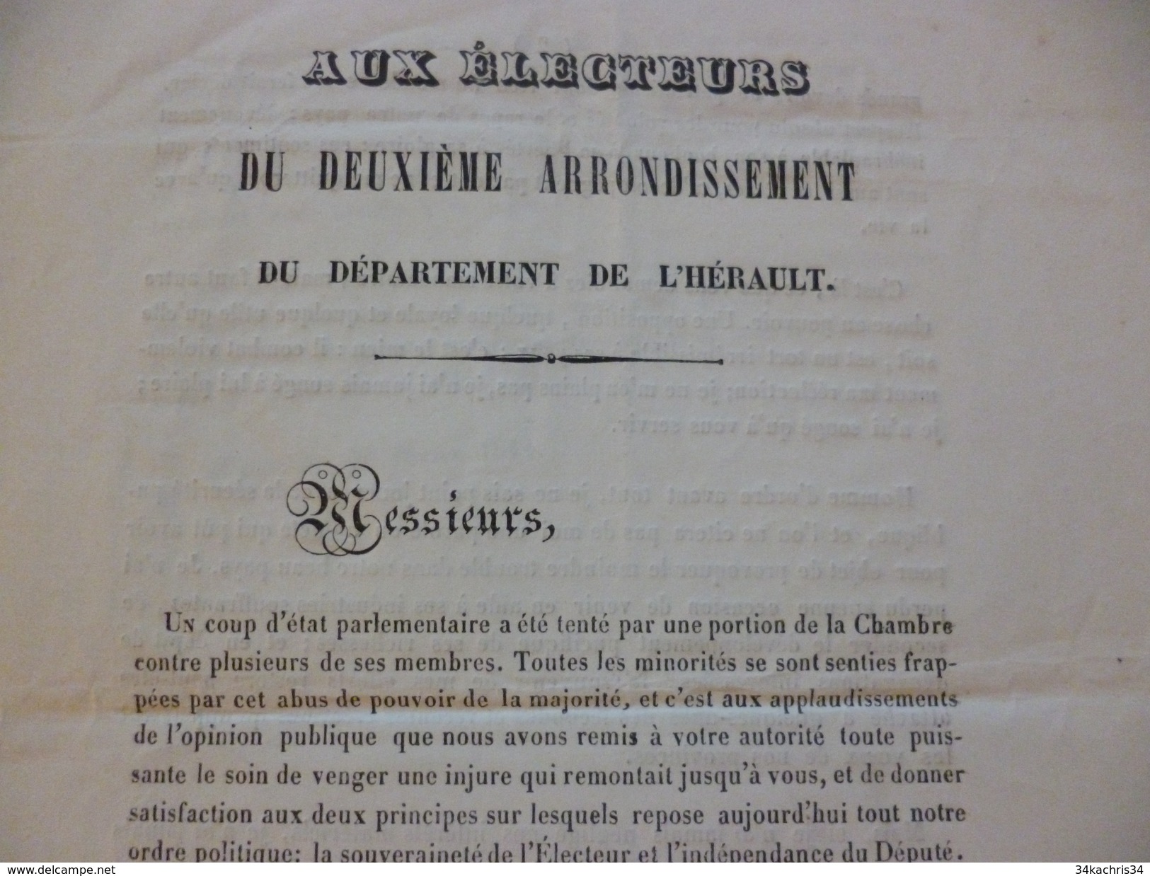 Tract Politique Aux électeurs Du 2ème Arrondissement De L'Hérault Par Larcy 1844 - Decrees & Laws