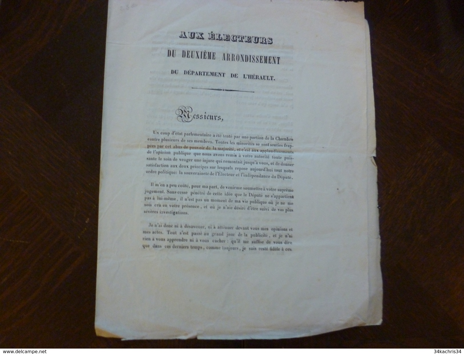 Tract Politique Aux électeurs Du 2ème Arrondissement De L'Hérault Par Larcy 1844 - Gesetze & Erlasse