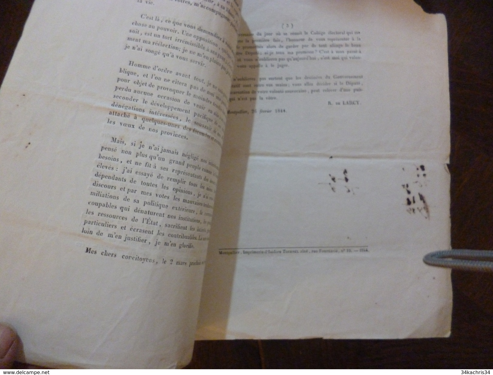 Tract Politique Aux électeurs Du 2ème Arrondissement De L'Hérault Par Larcy 1844 - Gesetze & Erlasse