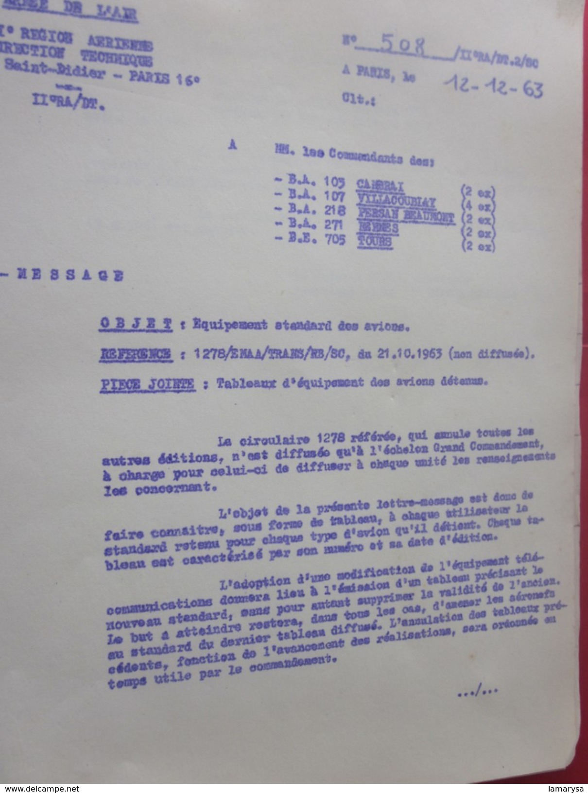1963 MILITARIA DOCUMENT MILITAIRE 2é RÉGION AÉRIENNE 280-EQUIPEMENT STANDARD AVIONS+CIRCULAIRES SIGNE COLONEL MONTI LIRE - Documents