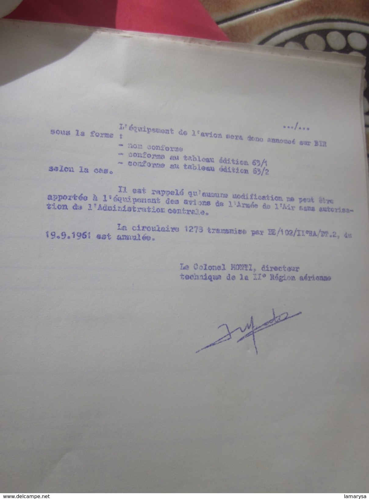 1963 MILITARIA DOCUMENT MILITAIRE 2é RÉGION AÉRIENNE 280-EQUIPEMENT STANDARD AVIONS+CIRCULAIRES SIGNE COLONEL MONTI LIRE - Documents