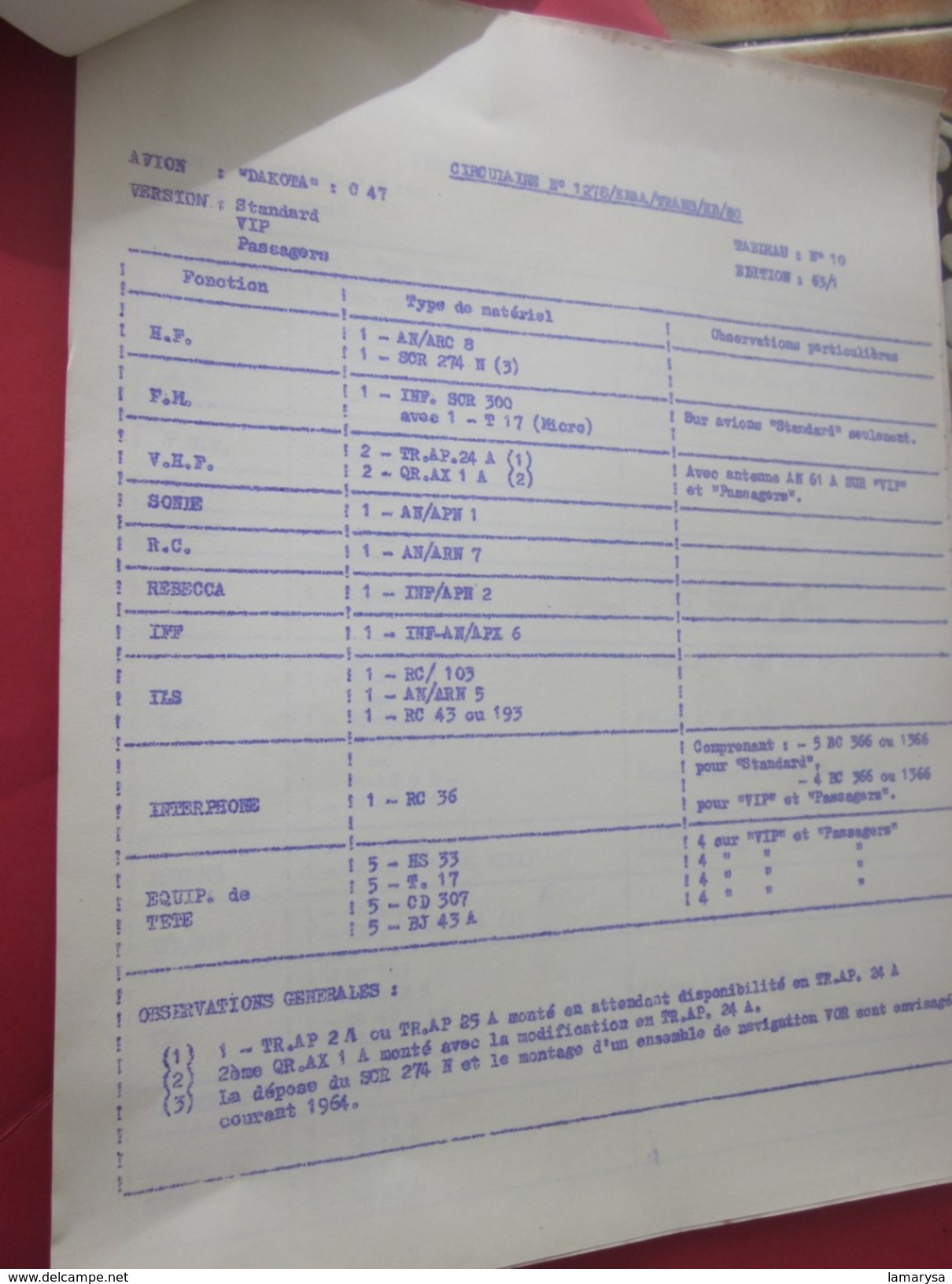 1963 MILITARIA DOCUMENT MILITAIRE 2é RÉGION AÉRIENNE 280-EQUIPEMENT STANDARD AVIONS+CIRCULAIRES SIGNE COLONEL MONTI LIRE