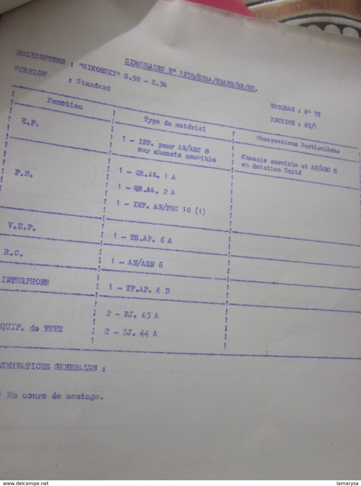 1963 MILITARIA DOCUMENT MILITAIRE 2é RÉGION AÉRIENNE 280-EQUIPEMENT STANDARD AVIONS+CIRCULAIRES SIGNE COLONEL MONTI LIRE