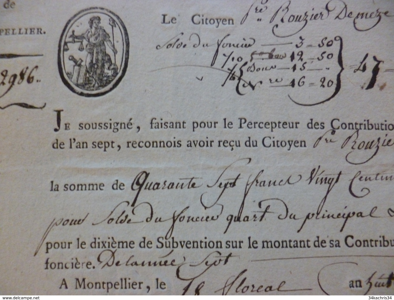 Montpellier Taxe Extraordinaire De Guerre Révolution 18 Floréal An 8 - Dokumente