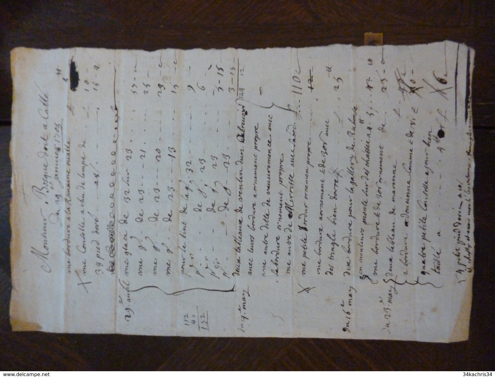 29/01/1703 Facture Manuscrite Compte Bosque à Catte ébénisterie Bordures Consoles... - ... - 1799