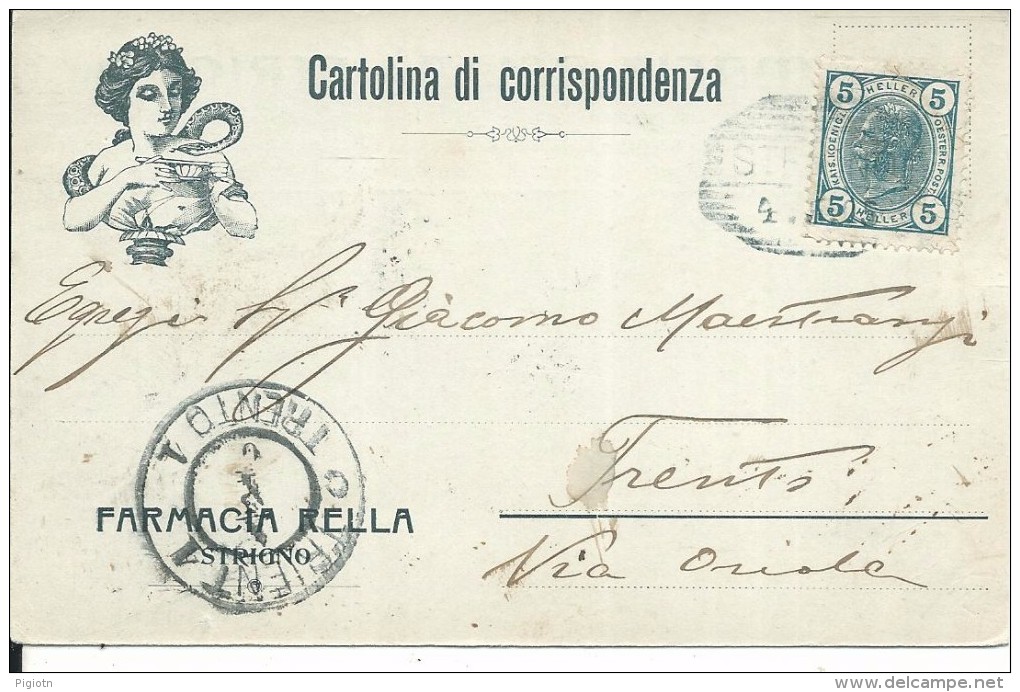 GIL934 - STRIGNO - FARMACIA RELLA - TRENTO - FORMATO PICCOLO - VIAGGIATA 1905 - Altri & Non Classificati