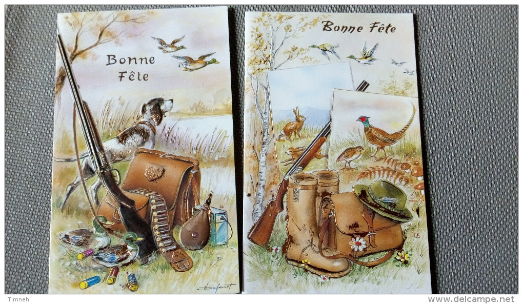 2 CARTES DOUBLES Signé N D....? Bonne Fête - Scène De CHASSE - CHIEN Sacoche Fusil  CANARD Leurres - FAISAN LAPIN LIEVRE - Autres & Non Classés