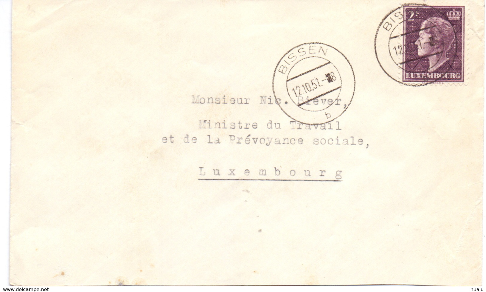 Luxembourg Lettre Bissen 12-10-1951 Au Ministre Du Travail Nic. Biever - Covers & Documents