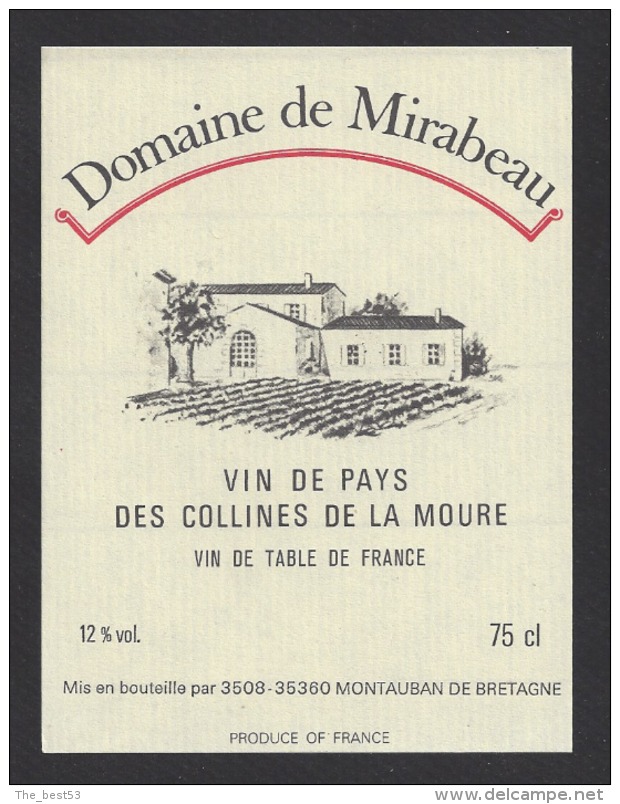 Etiquette De Vin De Pays Des Collines De La Moure  -  Domaine De Mirabeau -  Ets Carthedel à  Montauban De Bretagne (35) - Other & Unclassified