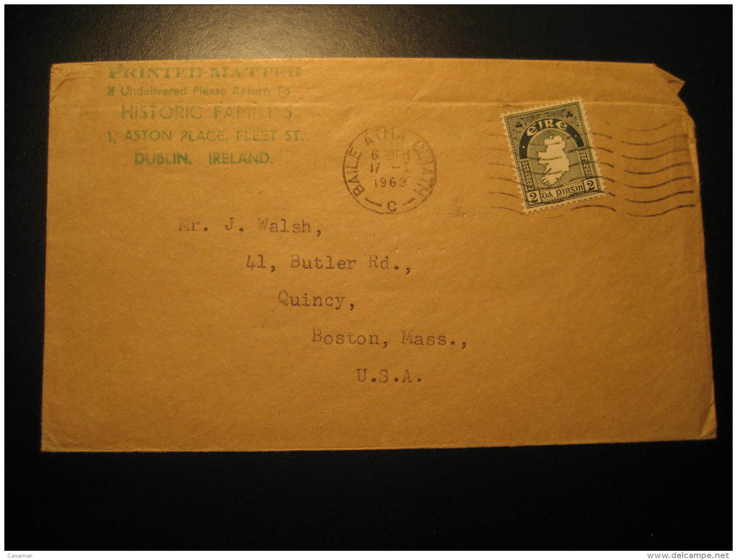 Baile Atha Cliath 1963 To Boston USA Map Stamp On Cover Ireland Eire - Lettres & Documents