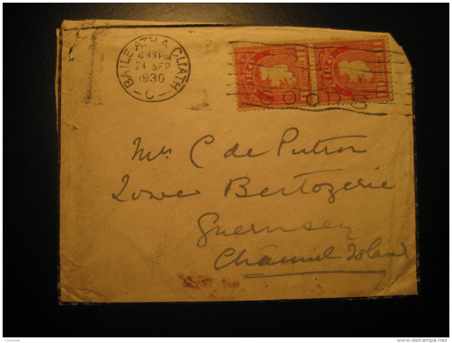 Baile Atha Cliath 1930 To Guernsey Channel Islands GB UK Stamp On Duel Condolence Cover Ireland Eire - Lettres & Documents