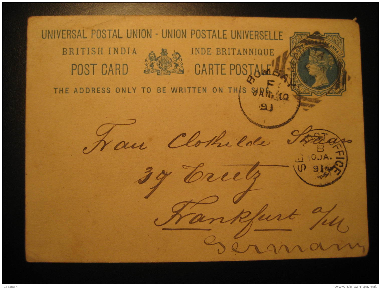 Calcutta Bombay 1891 To Frankfurt Germany SEAPOST OFFICE Cancel On Postal Stationery Card British INDIA British Colonies - 1882-1901 Empire