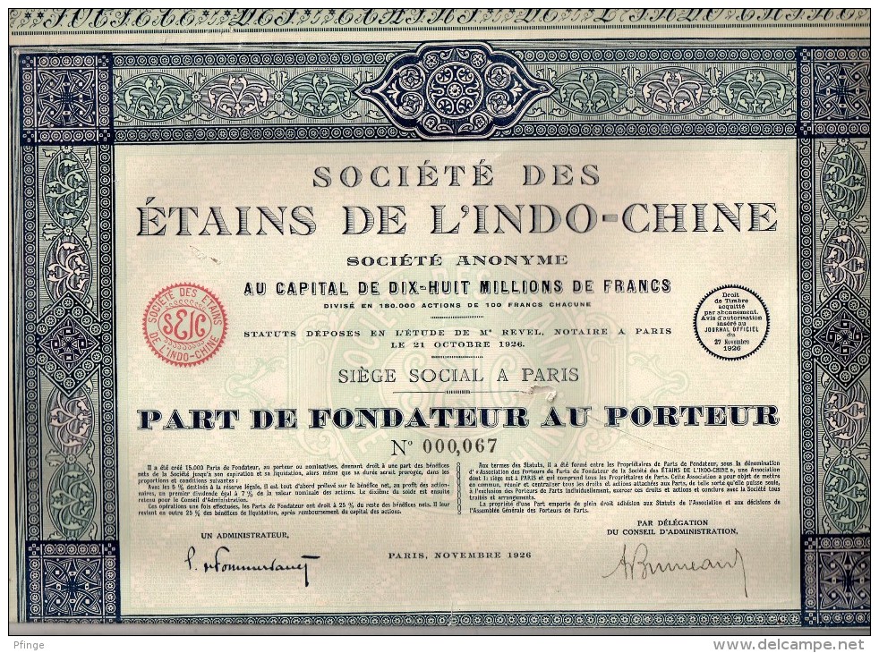 Société Des étains De L´Indo-Chine - Part De Fondateur Au Porteur - Asien