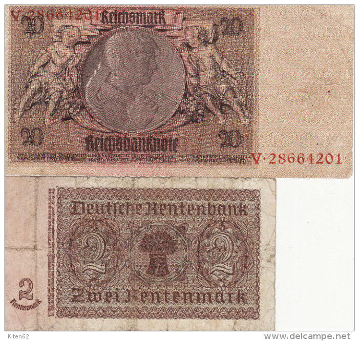 Reichsbanknote-20 Reichsmark+ Zwein Rentenmark. 2 Billets Vendus 5euros En L 'état. Photos Recto-verso - 20 Mark