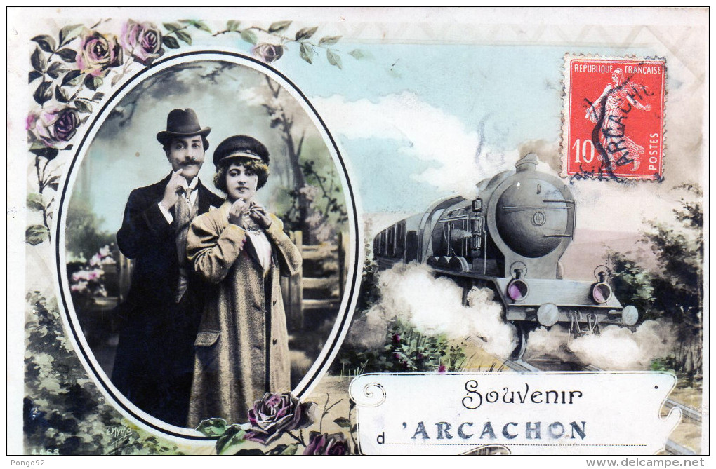 Cpa 1911,  Souvenir D'ARCACHON, Locomotive Toute Vapeur Autour,  Couple  (44.95) - Arcachon