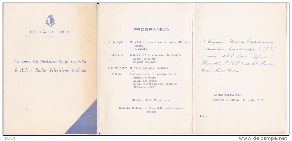 INVITO CITTA' DI BARI - TEATRO PETRUZZELLI 1968 - Altri & Non Classificati