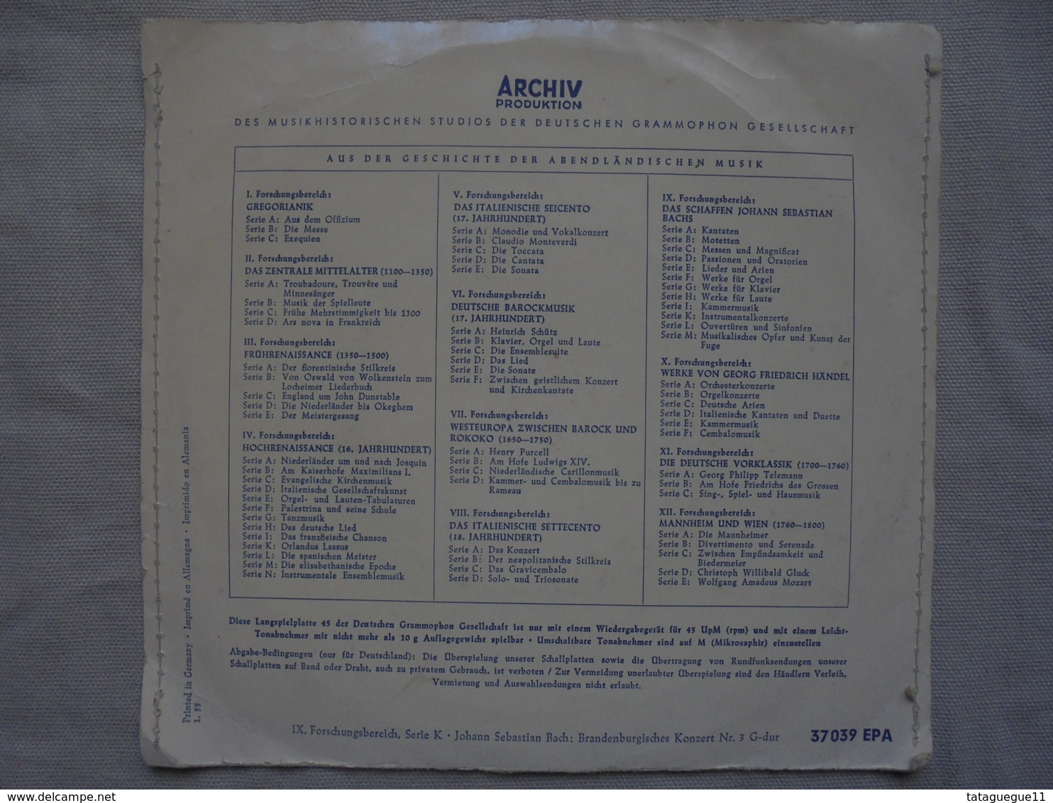 Ancien - Disque Vinyle 45 T - J.S. BACH - Archiv Produktion 1952 - Klassik