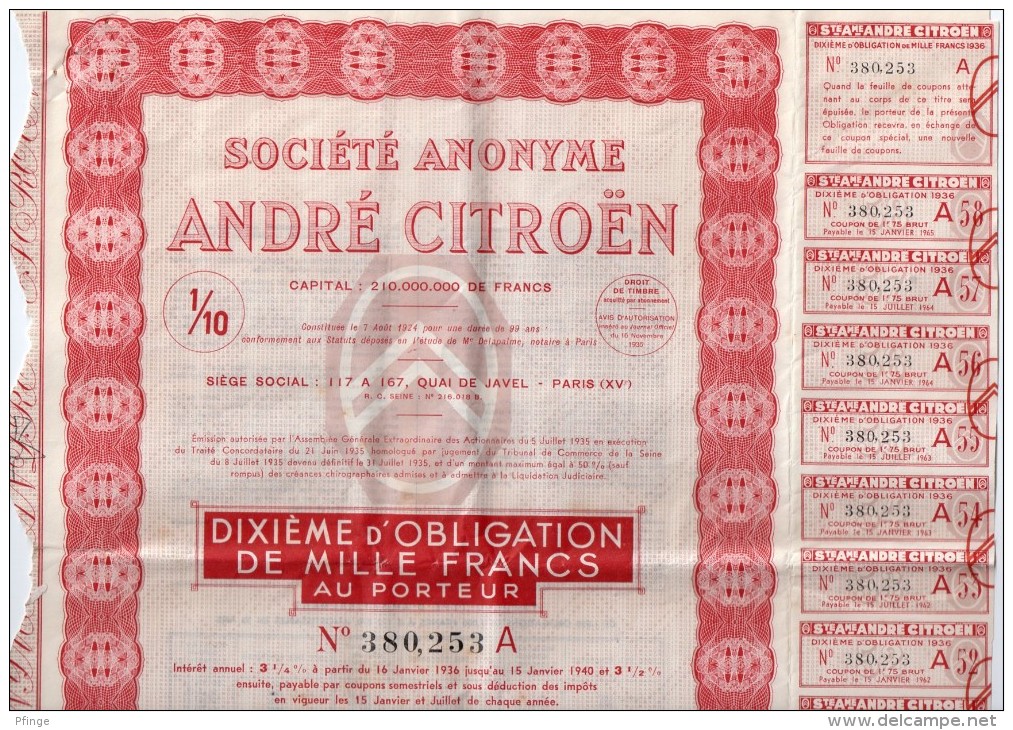 Société Anonyme André Citroën - Dixième D´obligation De 1000 Francs Au Porteur - Automobile