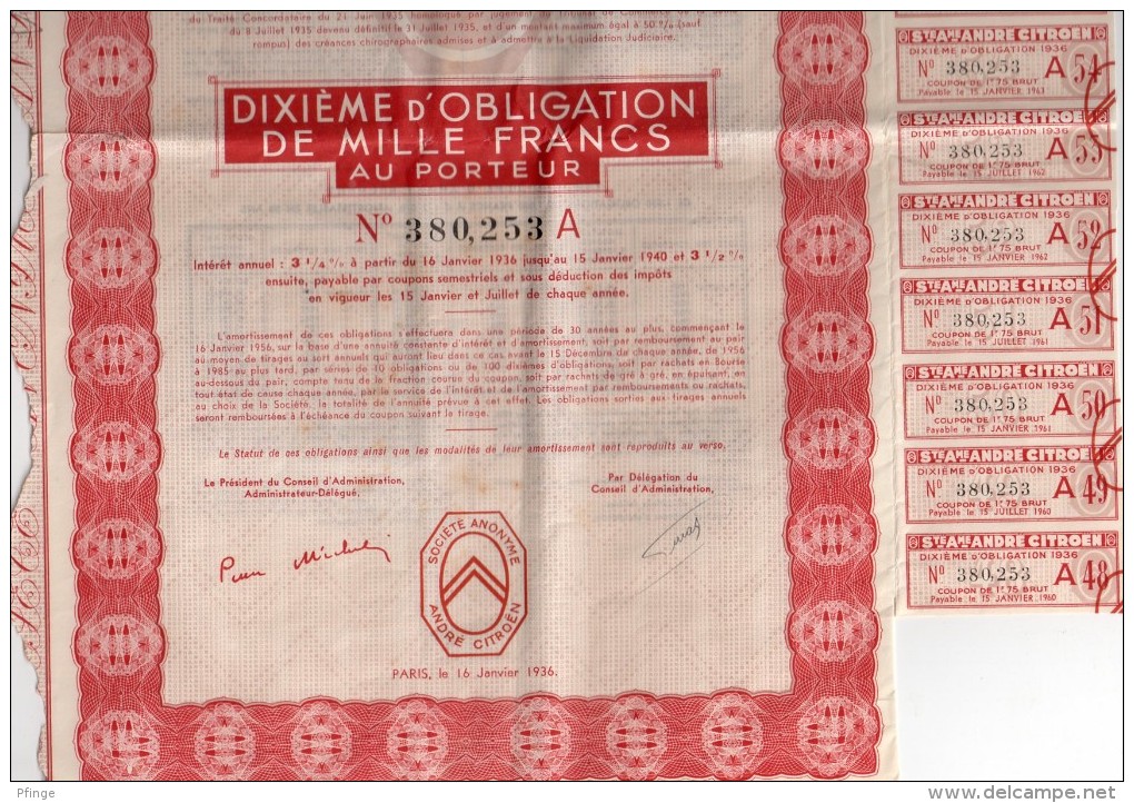 Société Anonyme André Citroën - Dixième D´obligation De 1000 Francs Au Porteur - Automobile