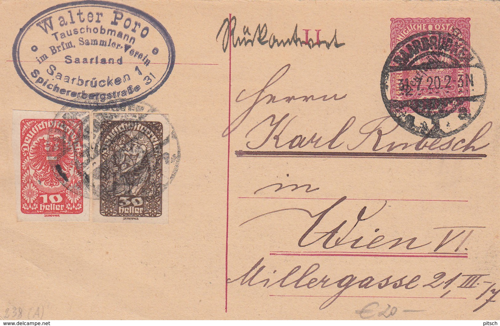 Austria - 1920, Postal Stationary Return Postcard Saarbrücken To Vienna, 50 Heller - Used In Saar - Briefe U. Dokumente