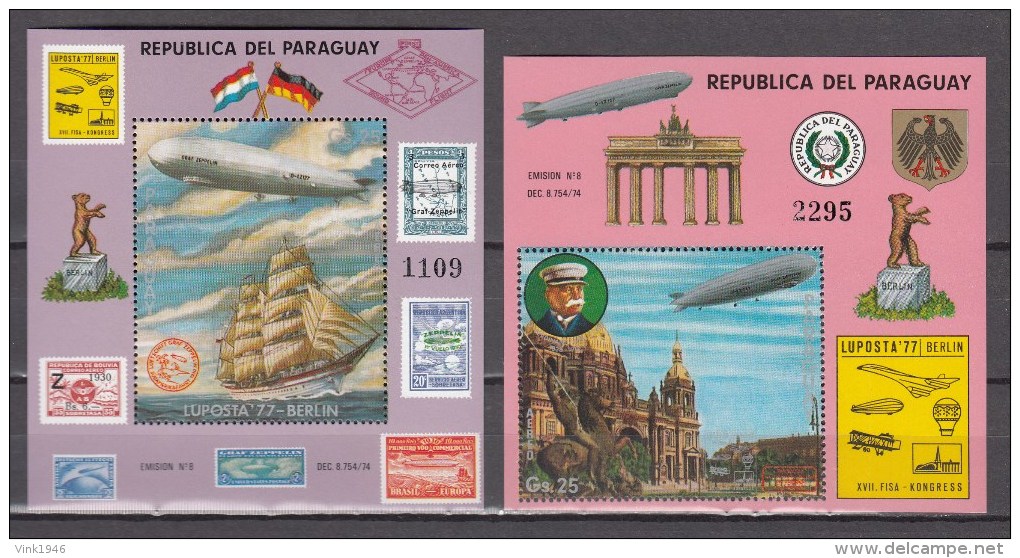 Paraguay 1977,2 Blocks,zeppelins,zeppeline,zepelines,zeppelin ,MNH/Postfris(L2756) - Zeppelins