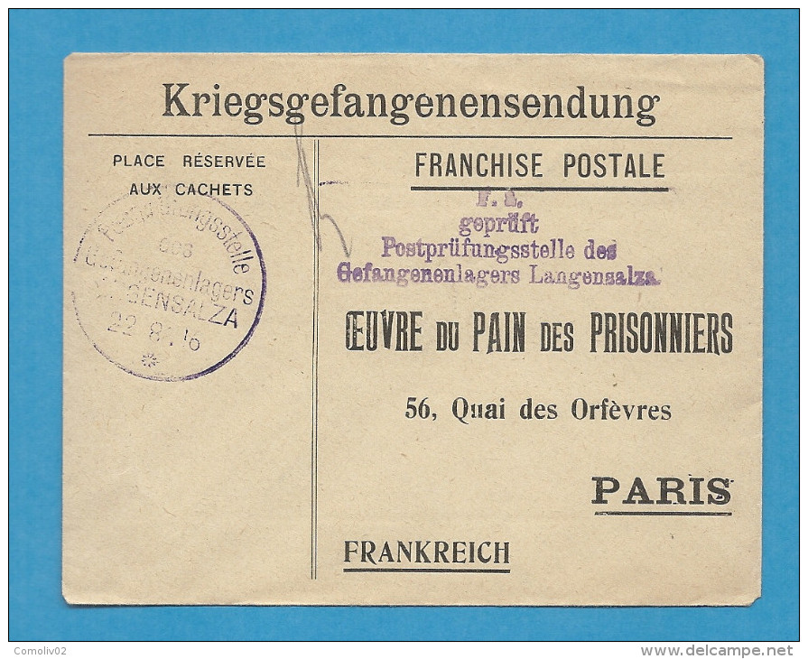 WW1 - Prisonnier De Guerre Français Interné En Allemagne - LANGENSALZA . 1916 OEUVRE DU PAIN DES PRISONNIERS - 1877-1920: Semi Modern Period