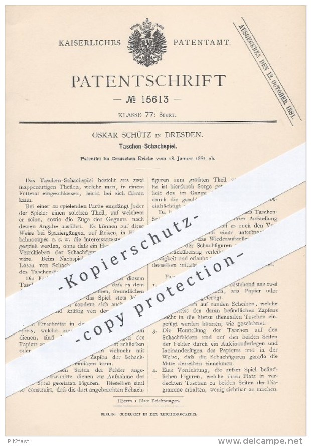 Original Patent - Oskar Schütz In Dresden , 1881 , Taschen - Schachspiel | Schach , Brettspiel , Sport , Schachfiguren ! - Historische Dokumente