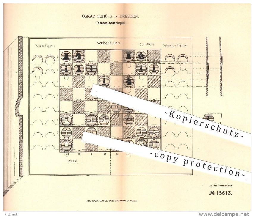 Original Patent - Oskar Schütz In Dresden , 1881 , Taschen - Schachspiel | Schach , Brettspiel , Sport , Schachfiguren ! - Historische Dokumente