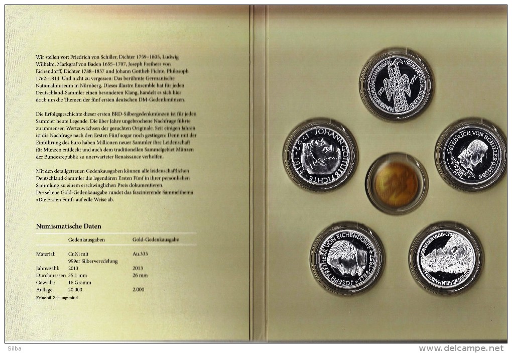 Germany First Five Silver Commemorative Coins / Germanic Museum, Schiller, Markgraf Von Baden, Eichendorff, Fichte - Collezioni