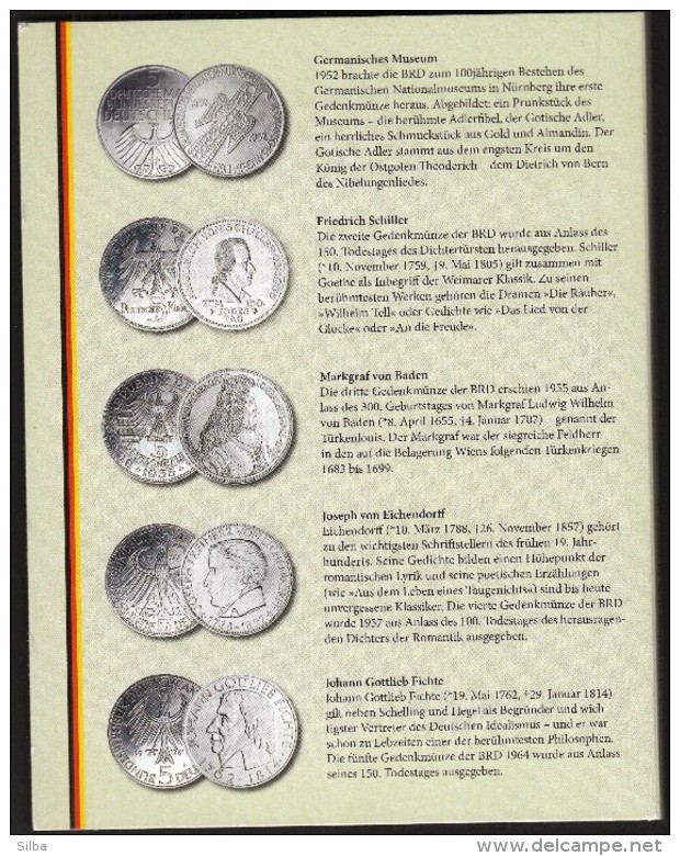 Germany First Five Silver Commemorative Coins / Germanic Museum, Schiller, Markgraf Von Baden, Eichendorff, Fichte - Collections